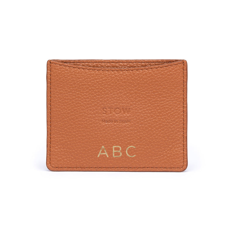 STOW London Leather Cardholder in Earth Tan colour with personalised initials.