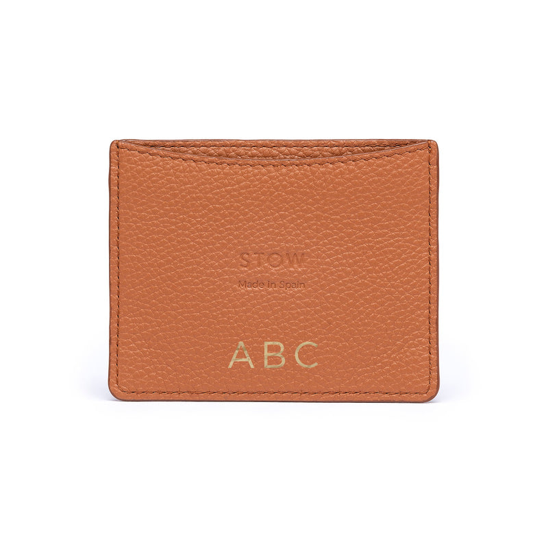 STOW Leather Cardholder in Earth Tan colour with personalised initials.