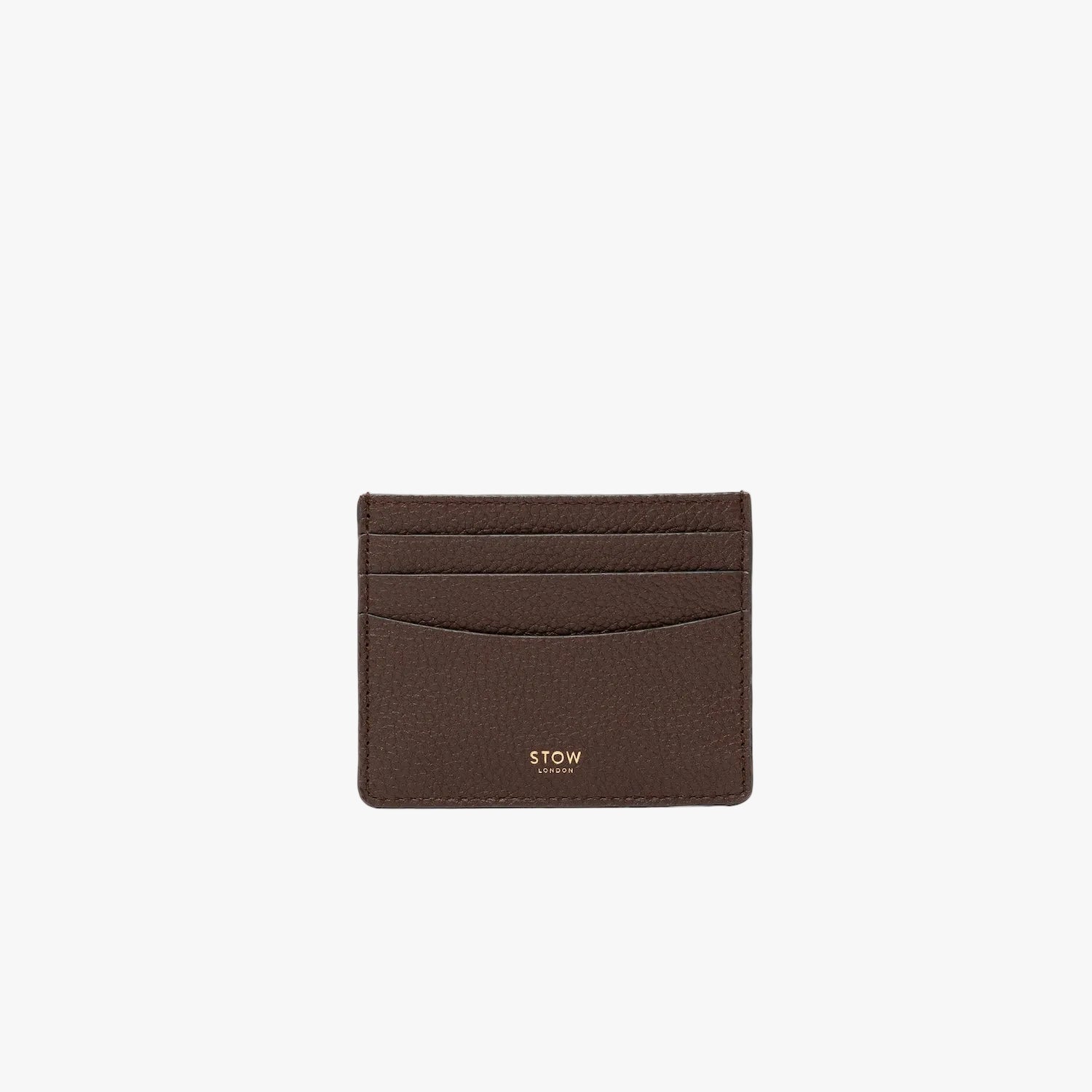 STOW London's Cardholder in Espresso pebbled leather on a light grey background featuring a fine gold embossed logo on the front bottom. 