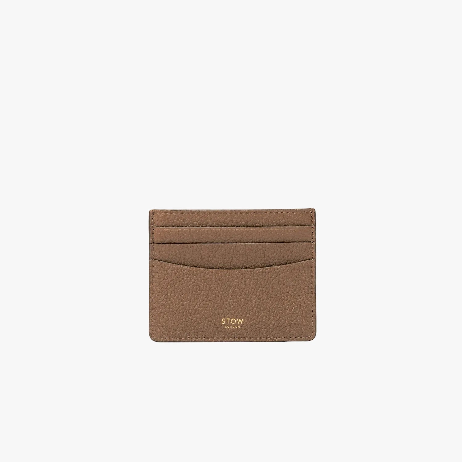 STOW London's Cardholder in Mocha pebbled leather on a light grey background featuring a fine gold embossed logo on the front bottom. 