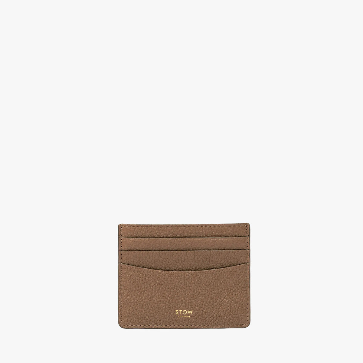 STOW London's Cardholder in Mocha pebbled leather on a light grey background featuring a fine gold embossed logo on the front bottom
