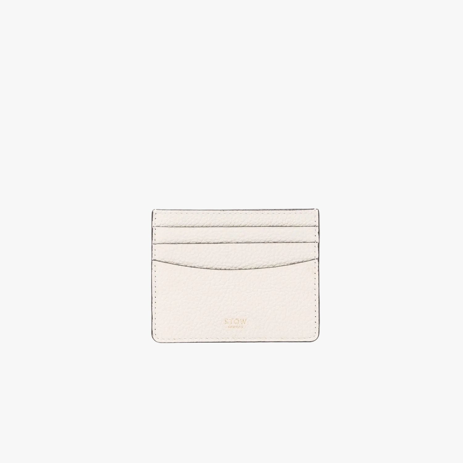 STOW London's Cardholder in Spring Moon pebbled leather on a light grey background featuring a fine gold embossed logo on the front bottom. 