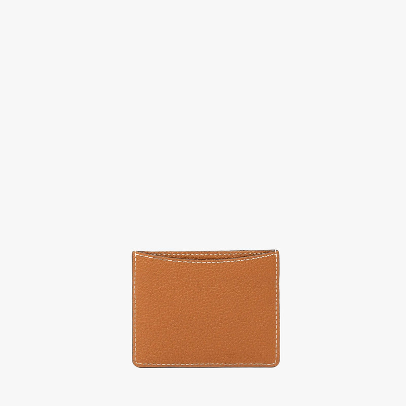 Back panel of STOW London's Cardholder in Earth Tan pebbled leather on a light grey background 