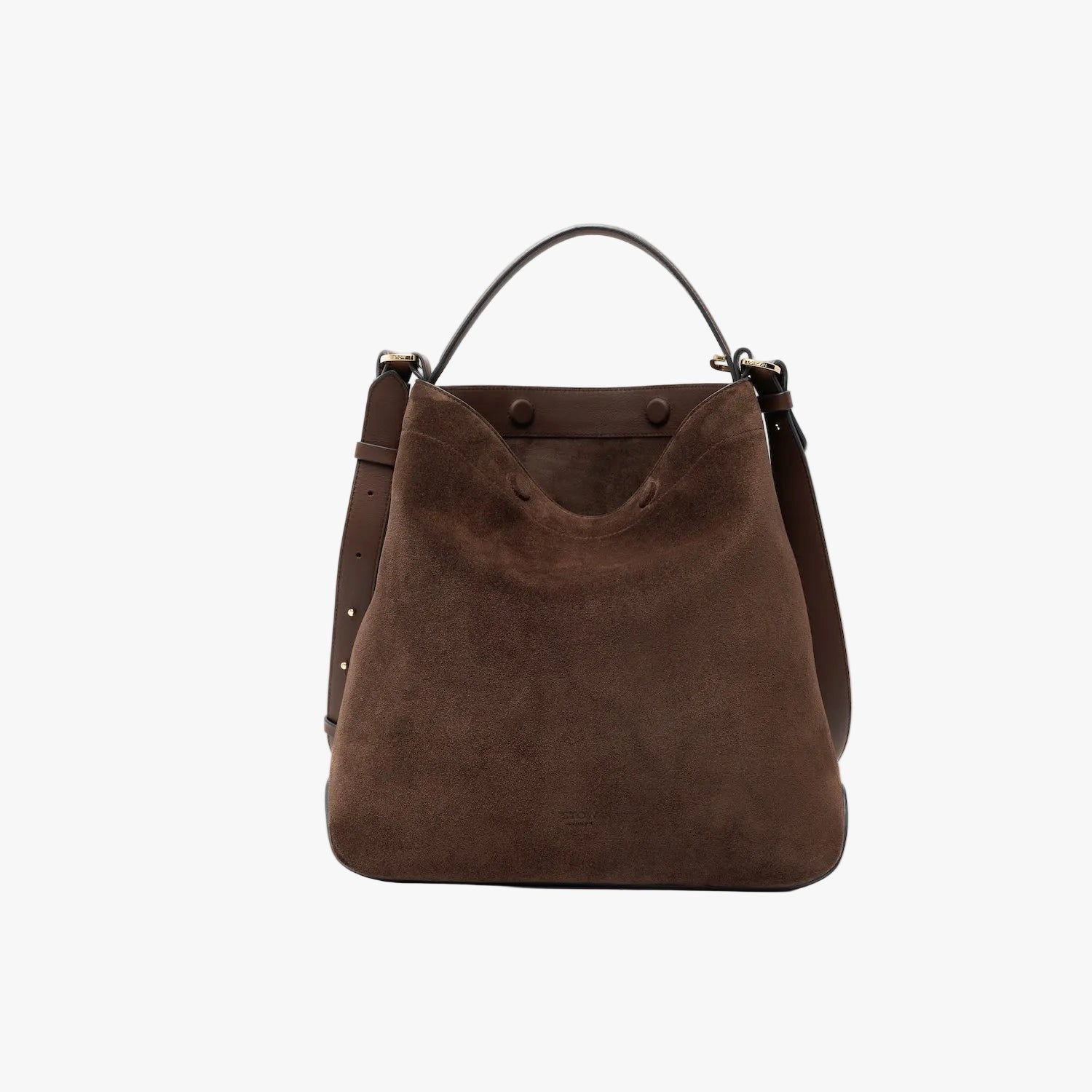 STOW London's Curve bag in Chocolate suede leather featuring gold-coated stainless steel hardware on a light grey background