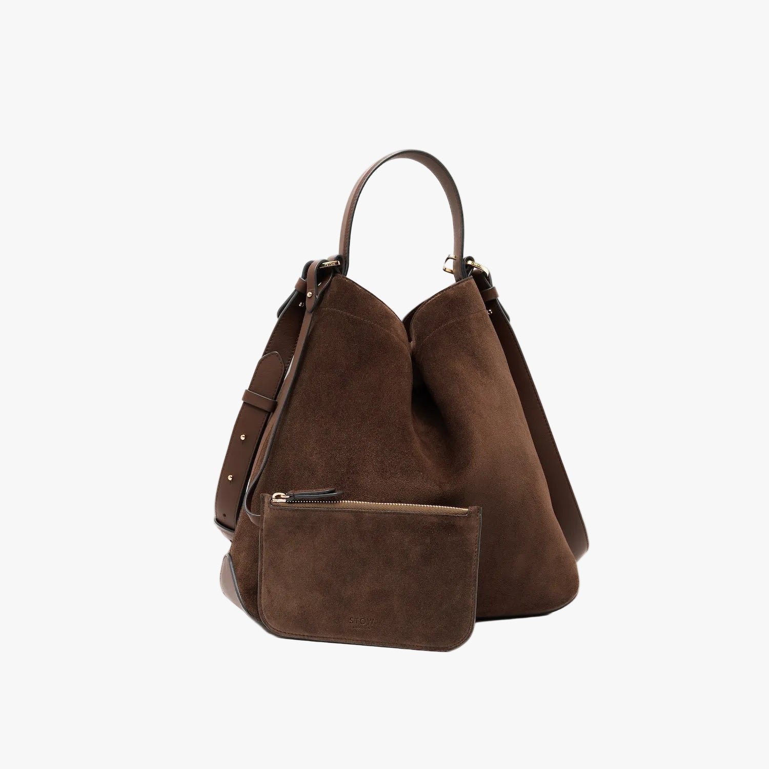 STOW London's Curve bag in Chocolate suede leather and matching detachable interior pouch featuring gold-coated stainless steel hardware on a light grey background