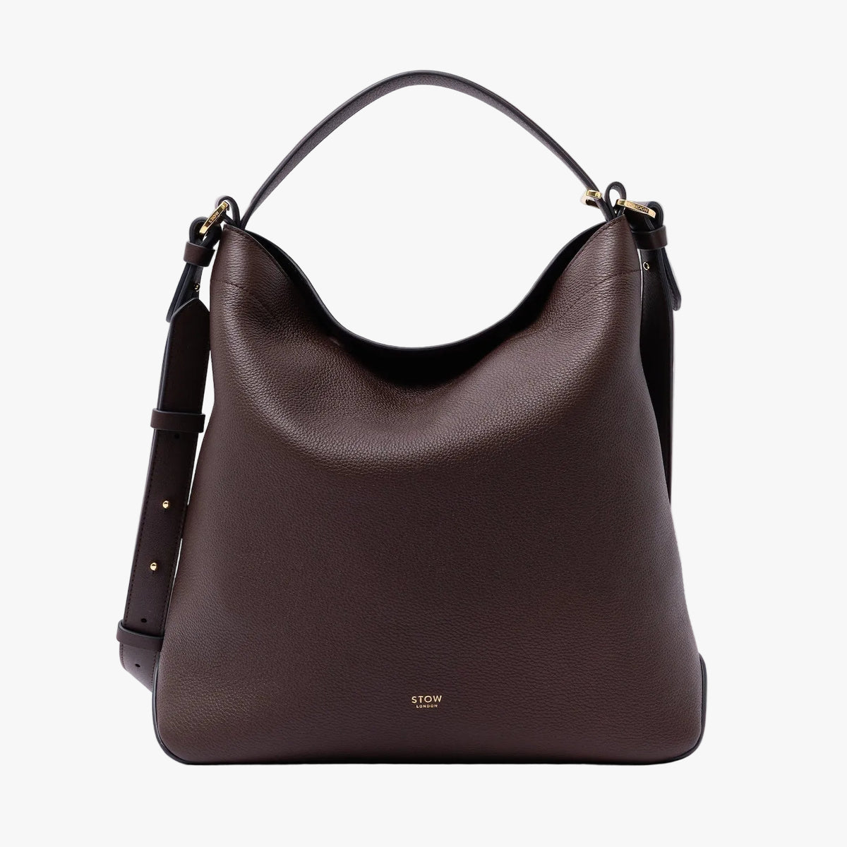 STOW London's Curve Bag in Espresso pebbled leather featuring the detachable crossbody strap and gold-coated stainless steel hardware on a light grey background