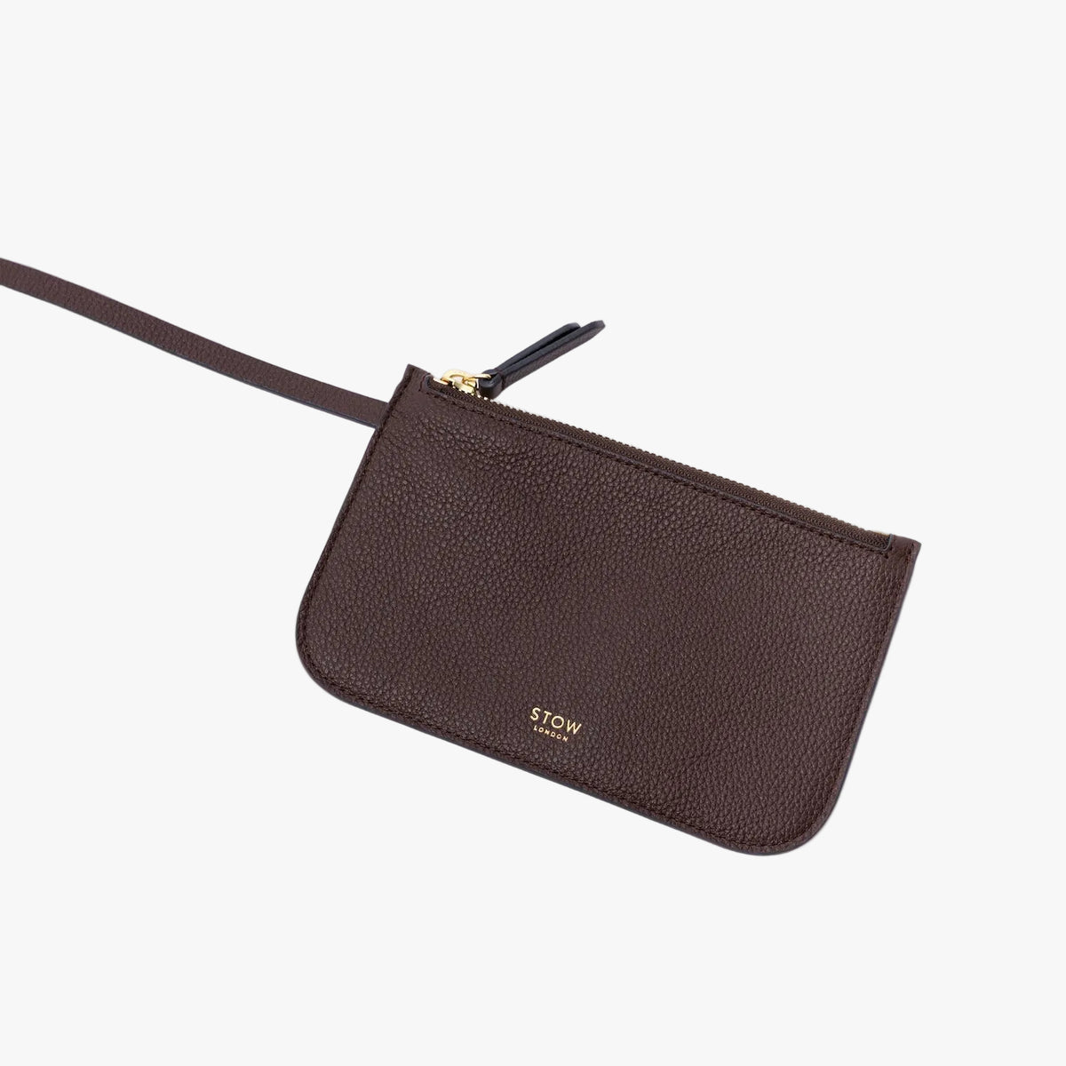 The detachable, matching pouch from STOW London's Curve Bag in Espresso pebbled leather on a light grey background featuring gold-coated stainless steel hardware 