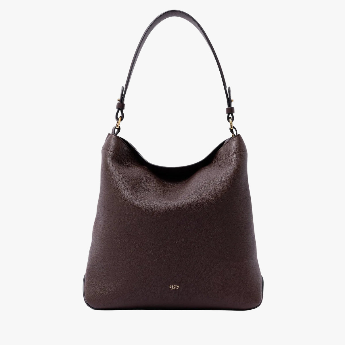 STOW London's Curve Bag in Espresso pebbled leather on a light grey background featuring the detachable shoulder strap and gold-coated stainless steel hardware
