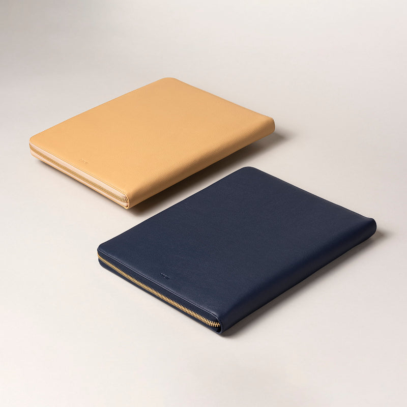 STOW London Executive Folio tech case in Navy and Almond leather