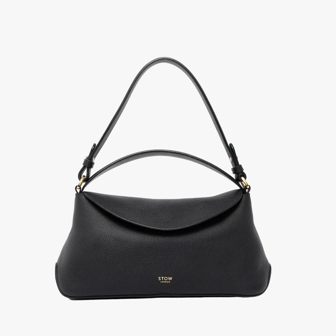 STOW London's East West in Black leather on a light grey background featuring the detachable shoulder strap and top handle with gold hardware and details 