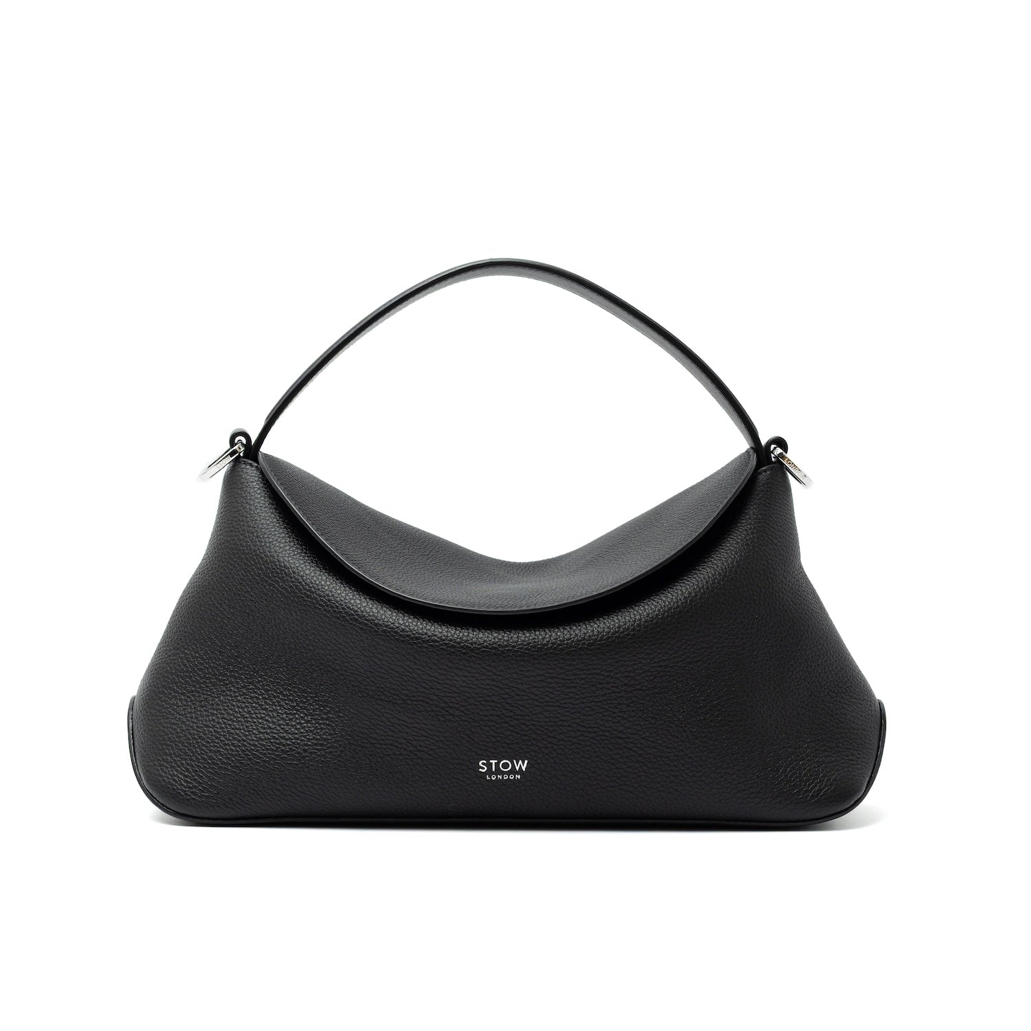 STOW London's East West bag in Black pebbled and smooth leather featuring silver stainless steel hardware on a white background