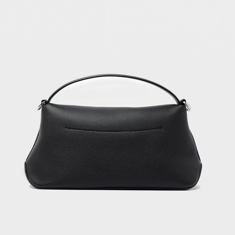 Back panel of STOW London's East West in Black pebbled leather featuring silver stainless steel hardware on a light grey background