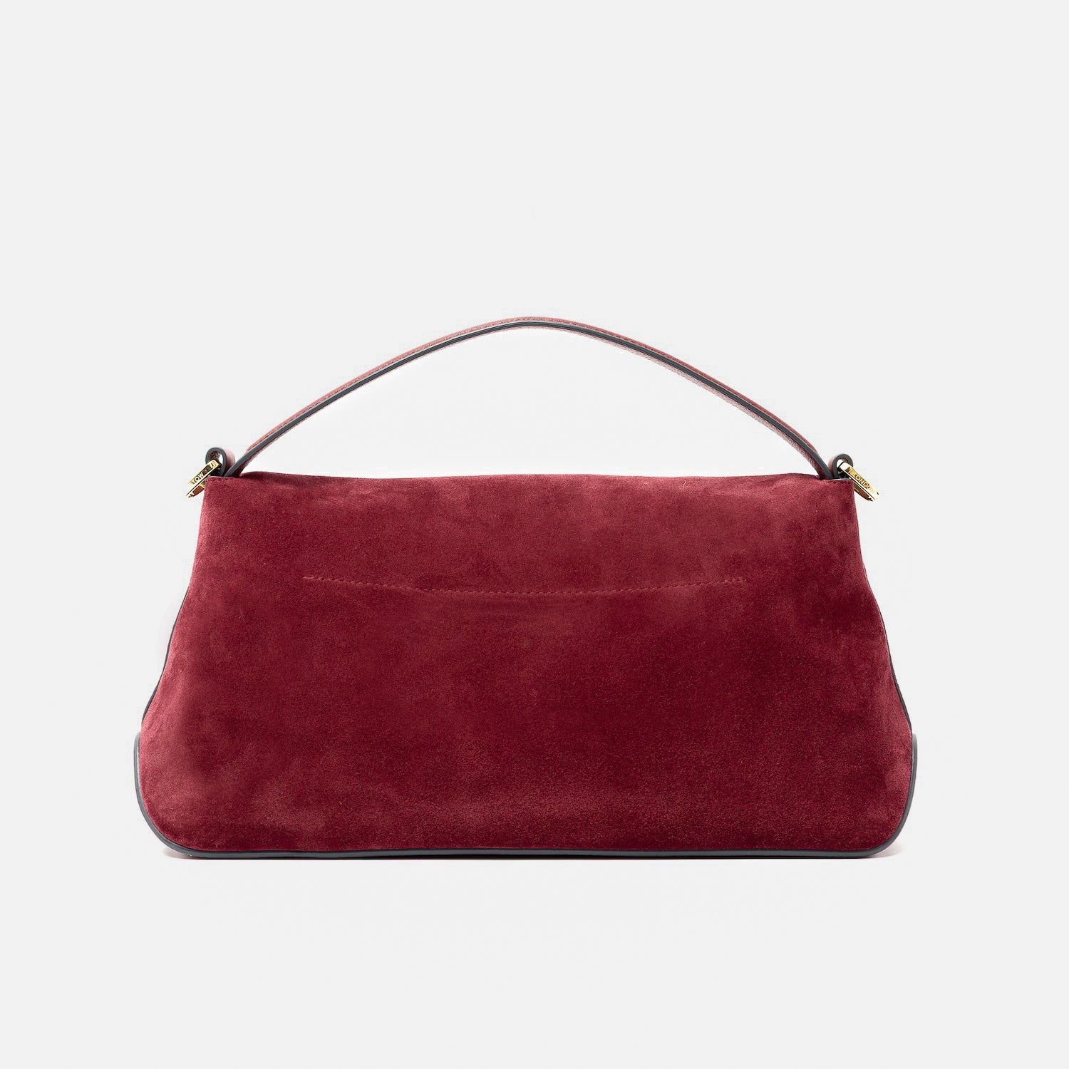 Back panel of STOW London's East West in Burgundy suede leather featuring gold-coated stainless steel hardware on a light grey background
