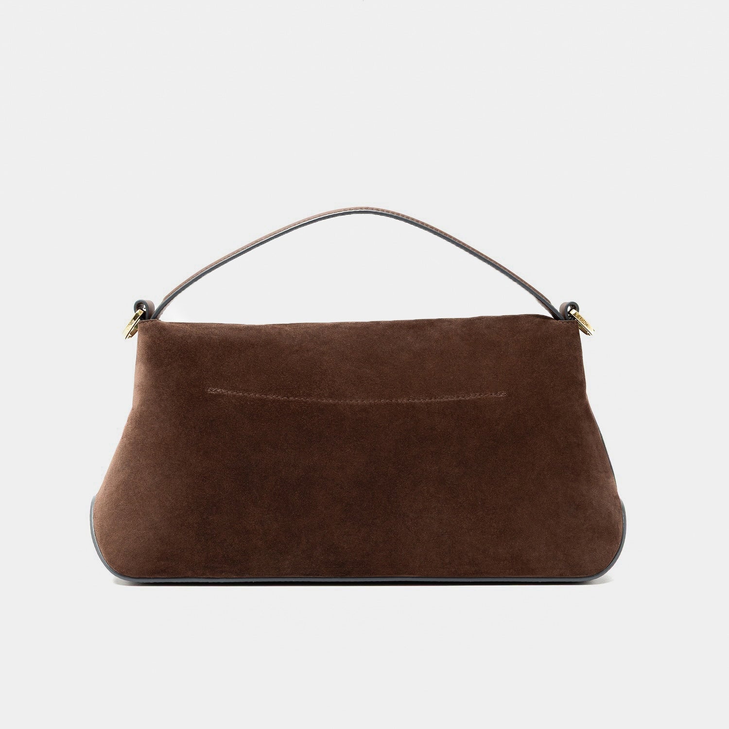 Back panel of STOW London's East West in Chocolate suede leather featuring gold-coated stainless steel hardware on a light grey background