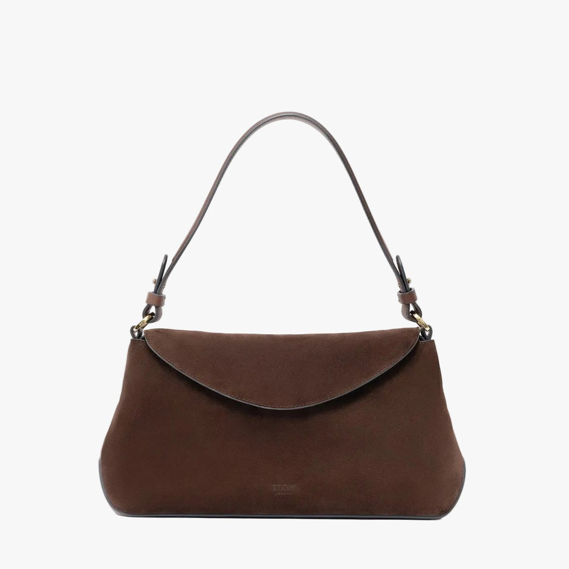STOW London's East West in Chocolate suede leather on a light grey background featuring the detachable shoulder strap with gold hardware