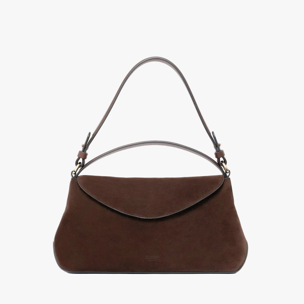 STOW London's East West in Chocolate suede leather on a light grey background featuring the detachable shoulder strap and top handle with gold hardware