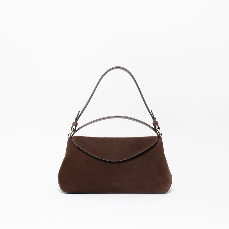 STOW London's East West in Chocolate suede leather on a light grey background featuring the detachable shoulder strap and top handle with gold hardware