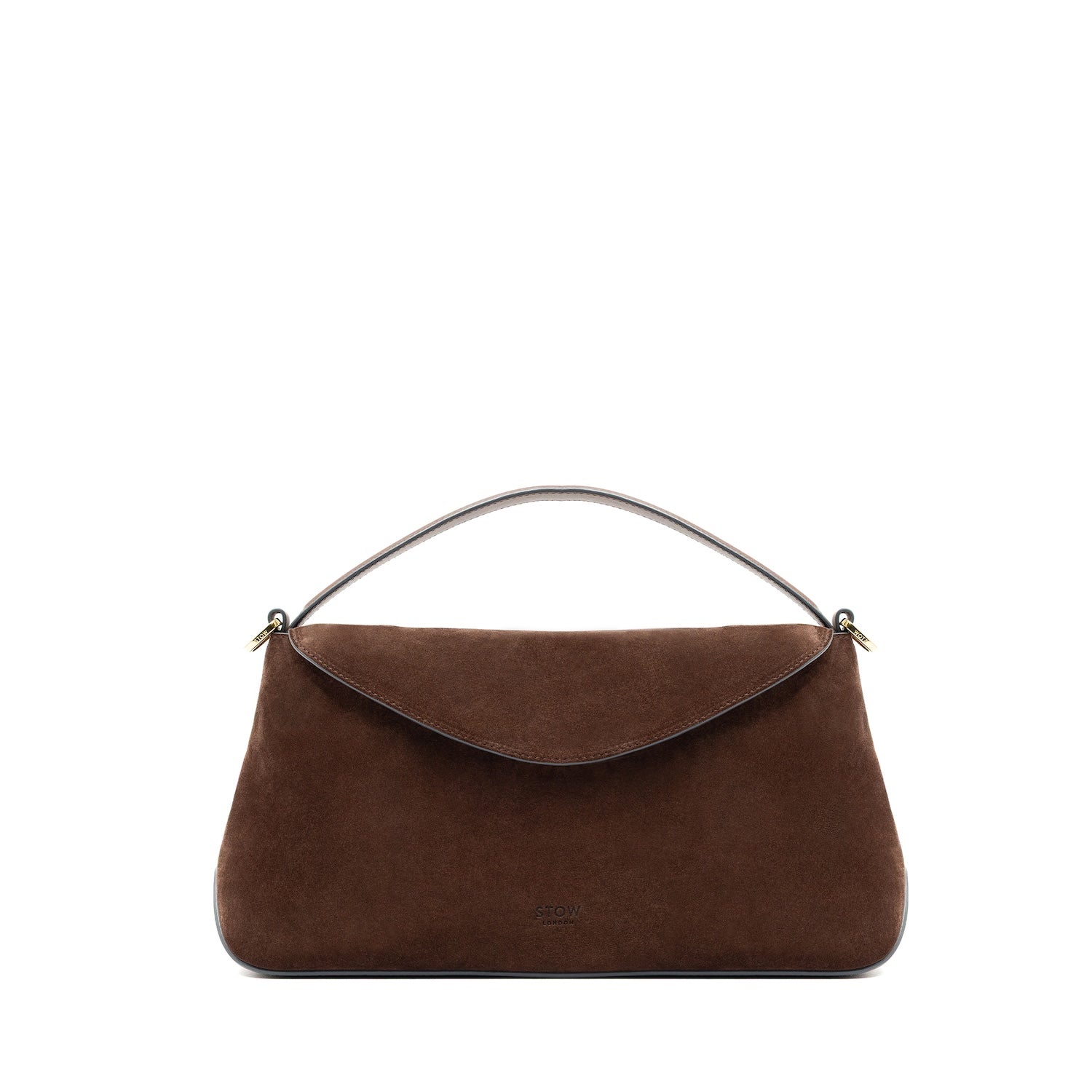 STOW London's East West bag in Chocolate Suede leather featuring gold-coated stainless steel hardware on a white background