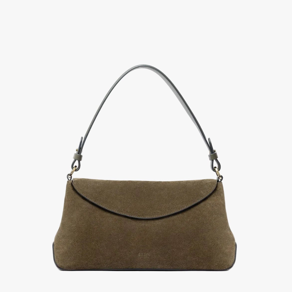 STOW London's East West in Dark Green suede leather on a light grey background featuring the detachable shoulder strap with gold hardware and details 