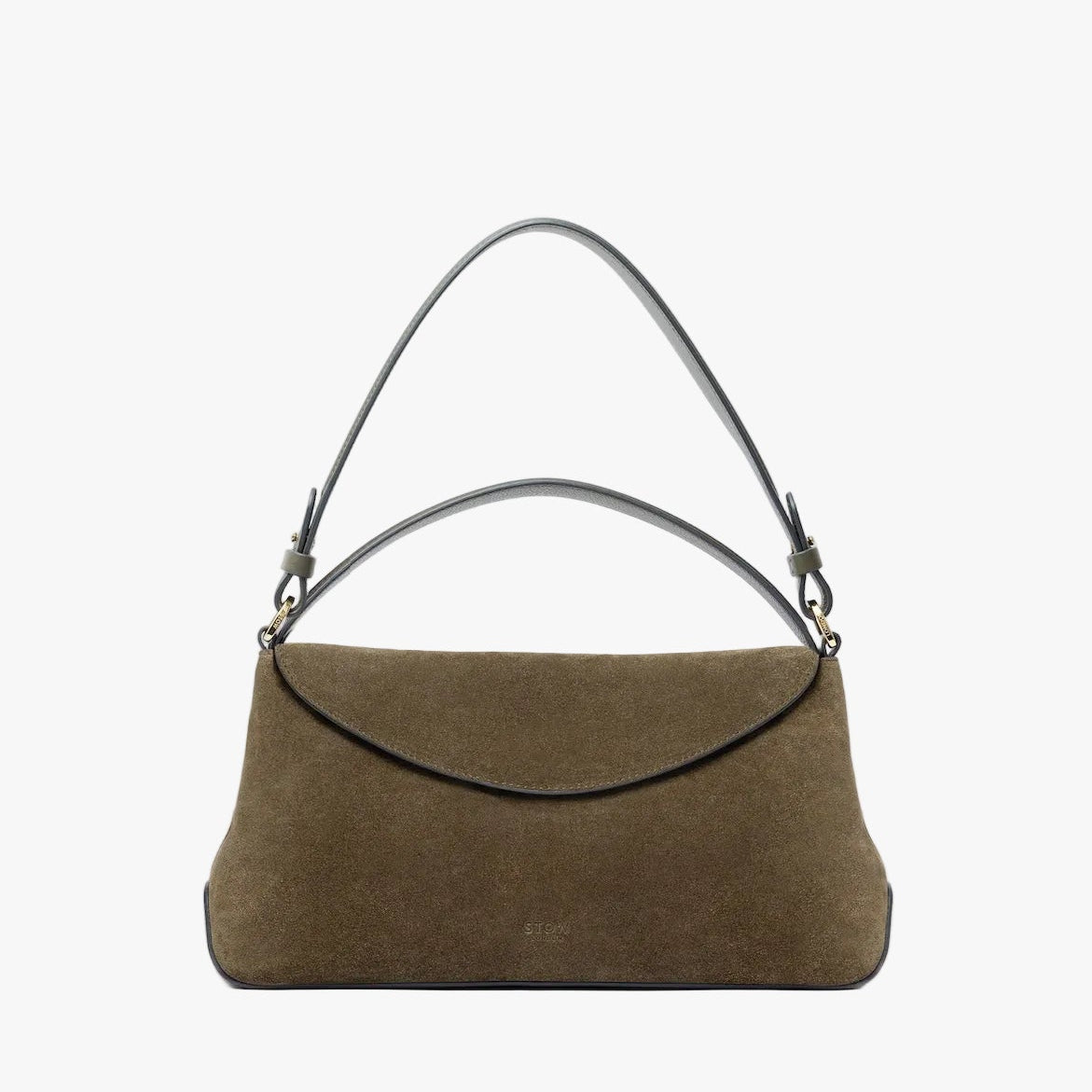 STOW London's East West in Dark Green suede leather on a light grey background featuring the detachable shoulder strap with gold hardware and details 