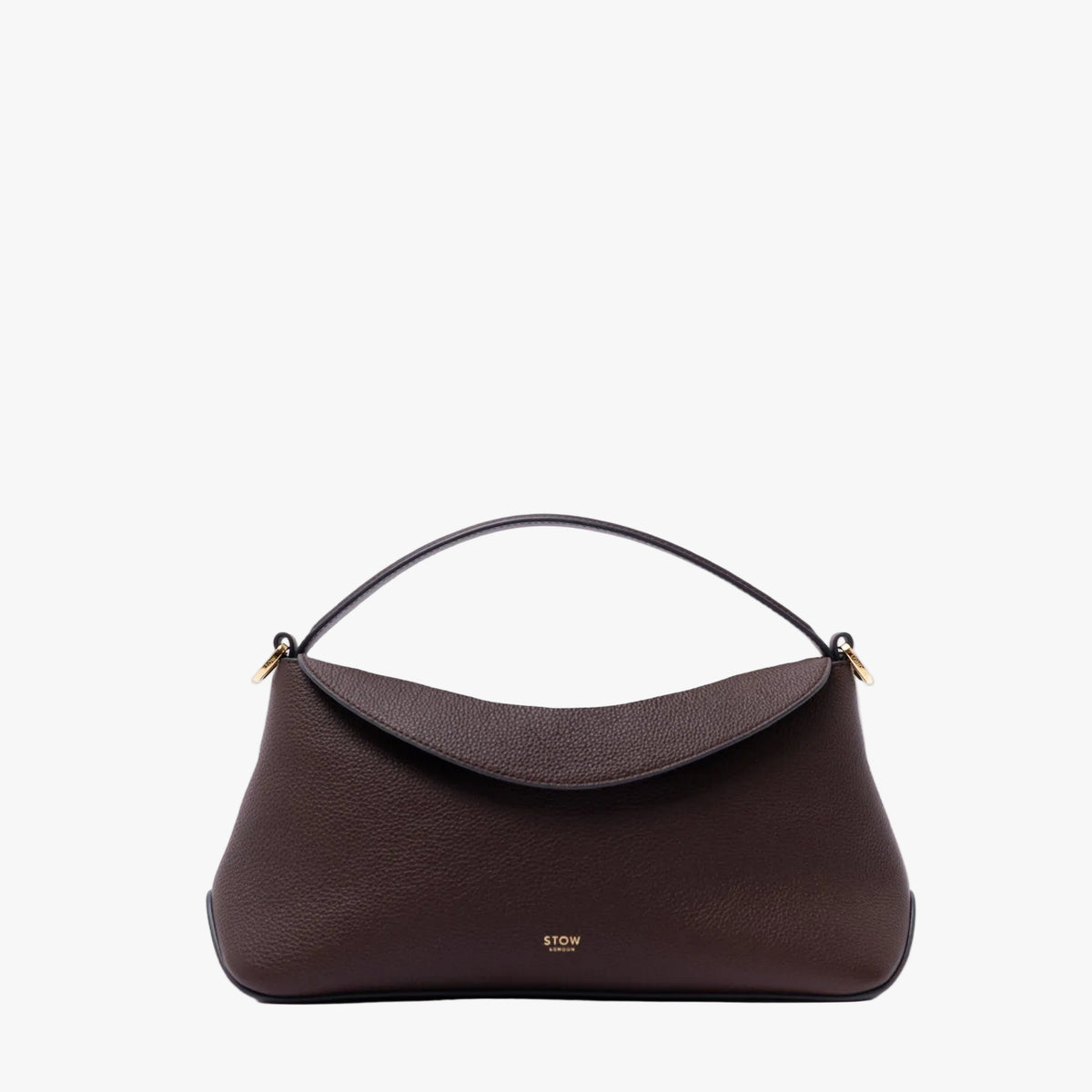 STOW London's East West in Espresso pebbled leather featuring gold-coated stainless steel on a light grey 