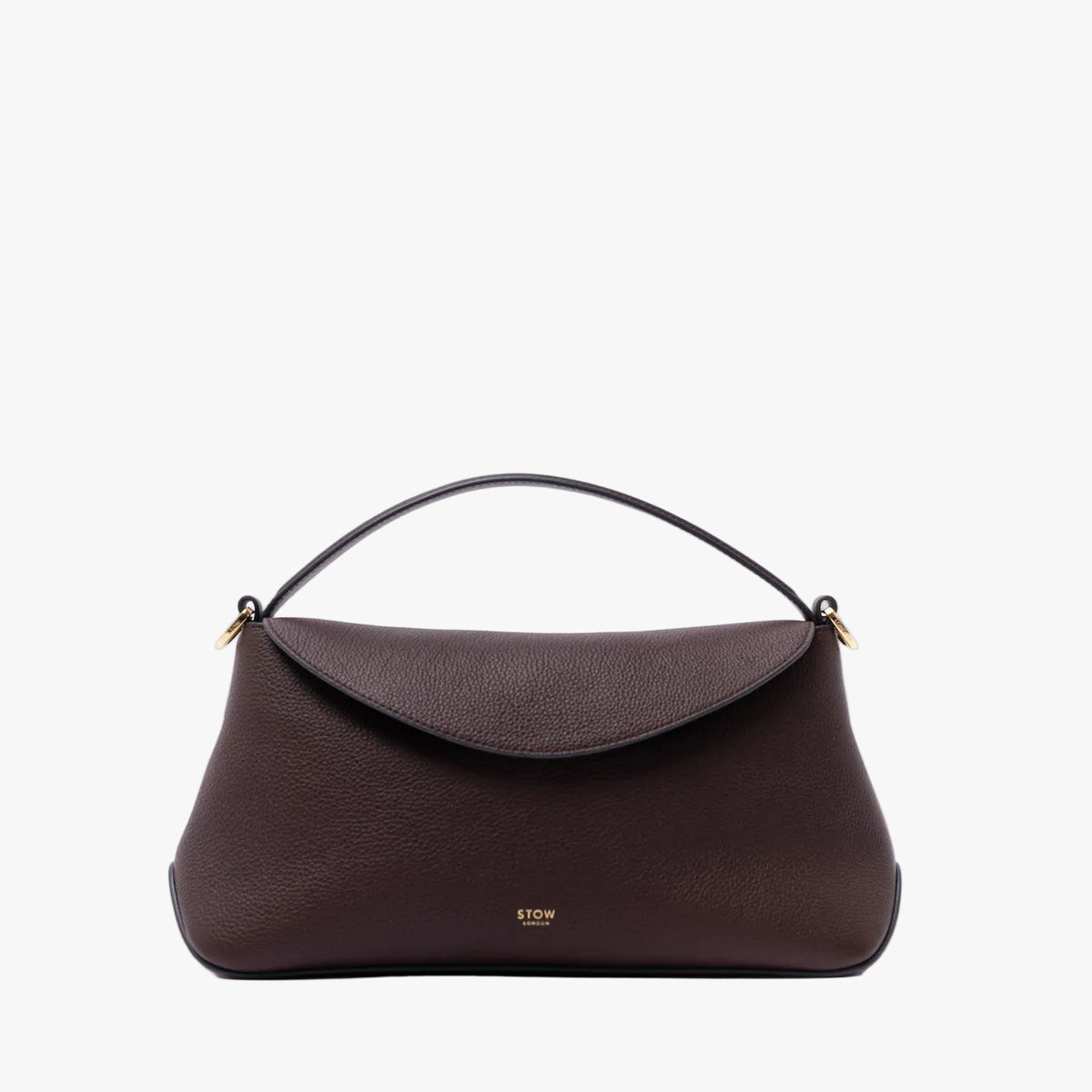 STOW London's East West in Espresso pebbled leather featuring gold-coated stainless steel on a light grey background