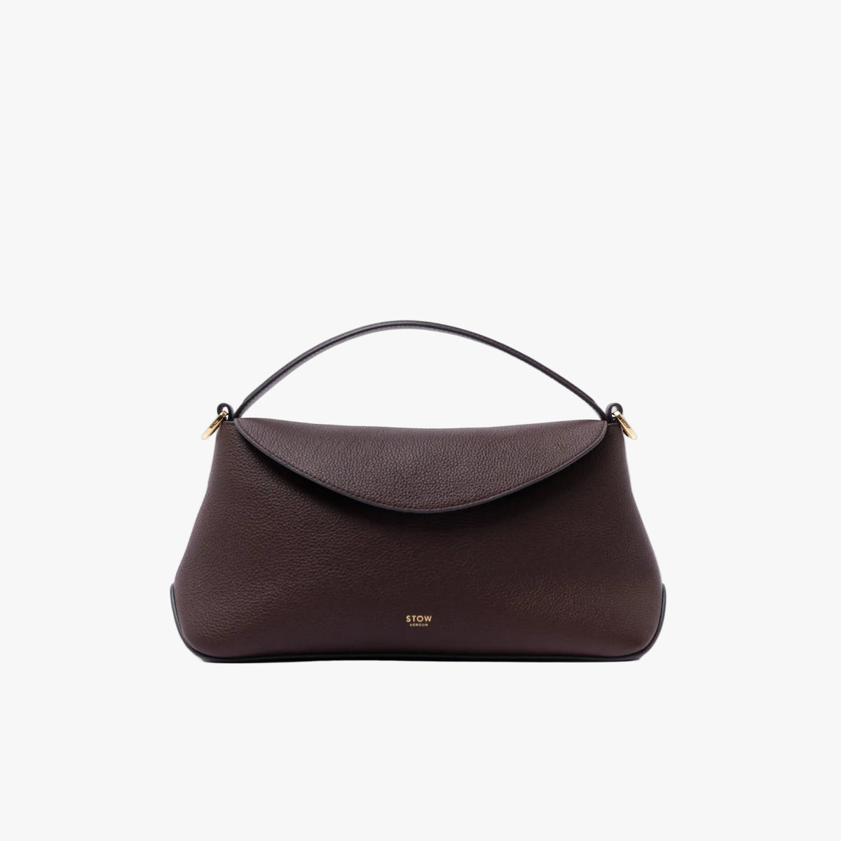 STOW London's East West in Espresso pebbled leather featuring gold-coated stainless steel on a light grey background