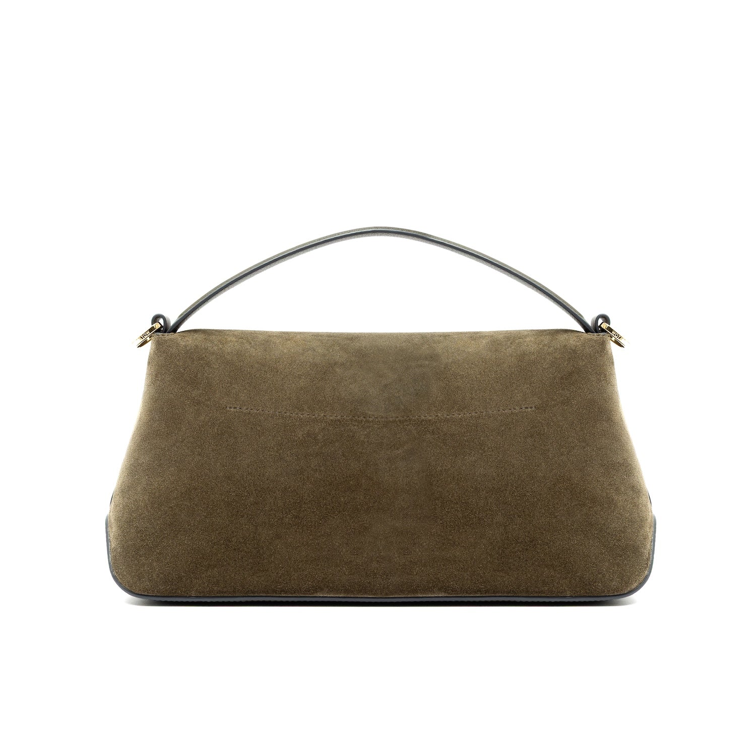 View of the back of STOW London's East West bag in Dark Green Suede leather featuring gold-coated stainless steel hardware on a white background