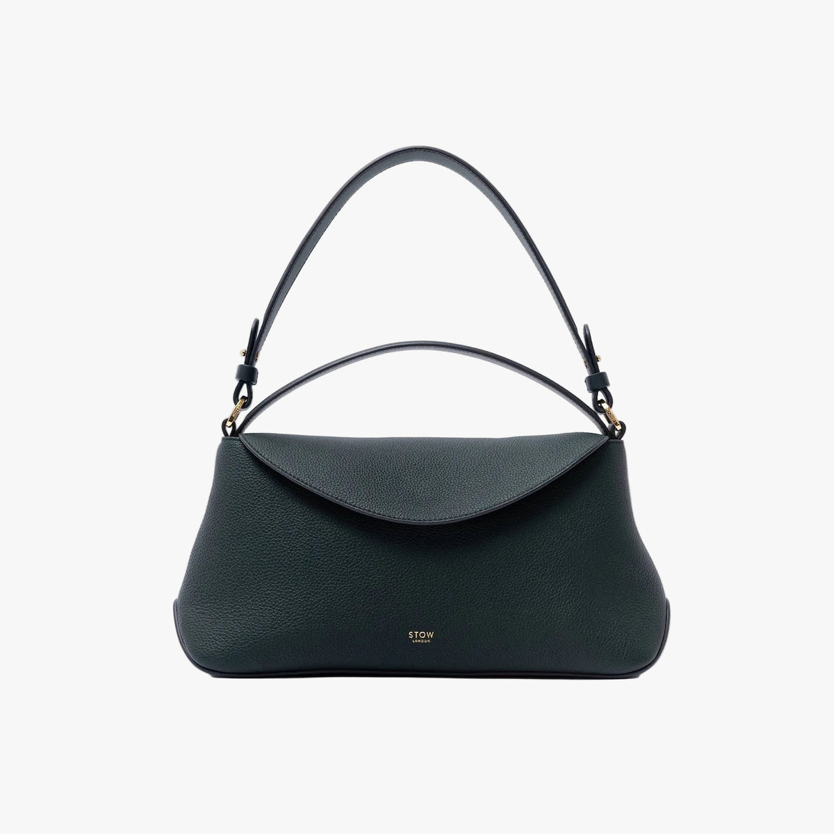 STOW London's East West in New Forest pebbled leather on a light grey background featuring the detachable shoulder strap and gold-coated stainless steel hardware