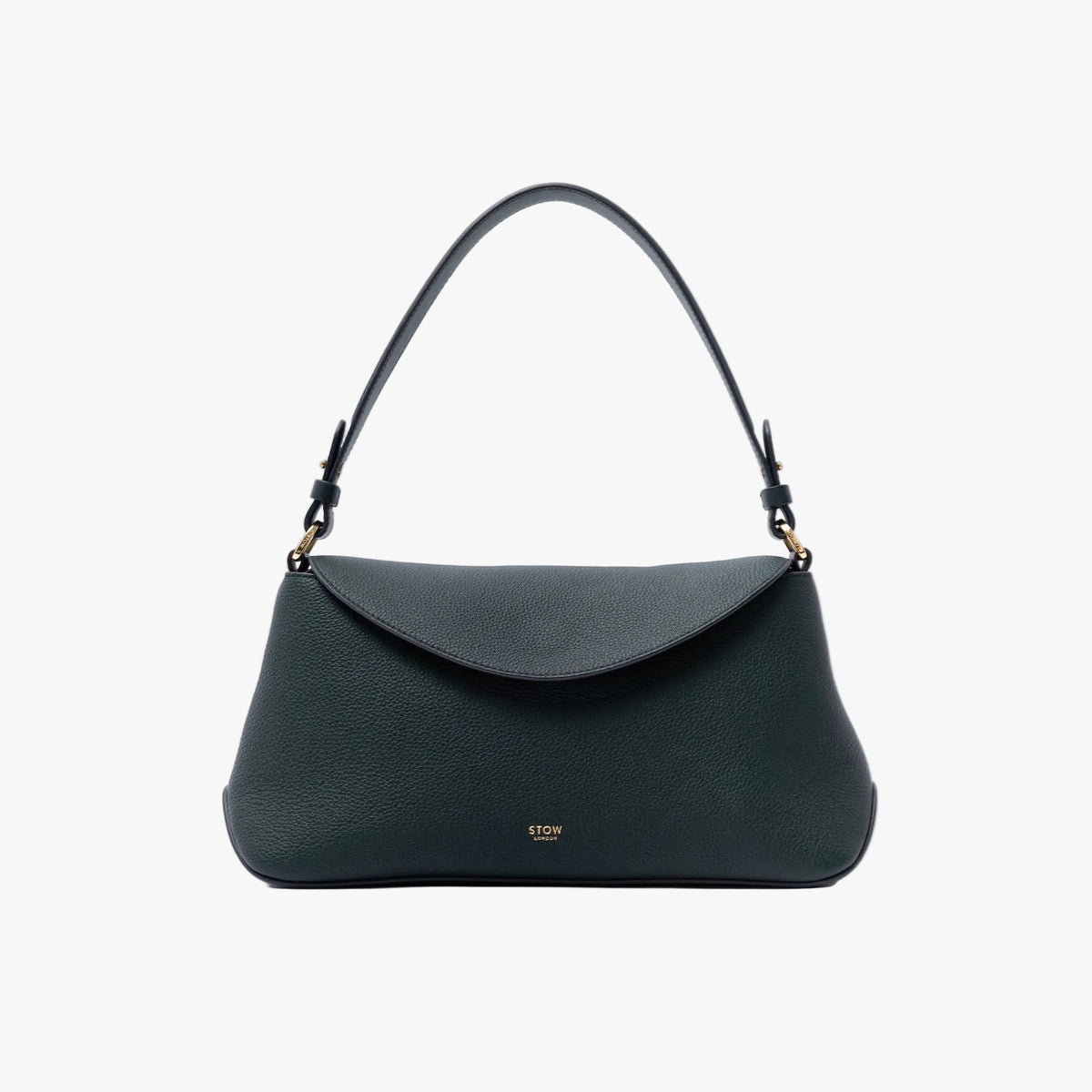 STOW London's East West in New Forest pebbled leather on a light grey background featuring the detachable shoulder strap and gold-coated stainless steel hardware