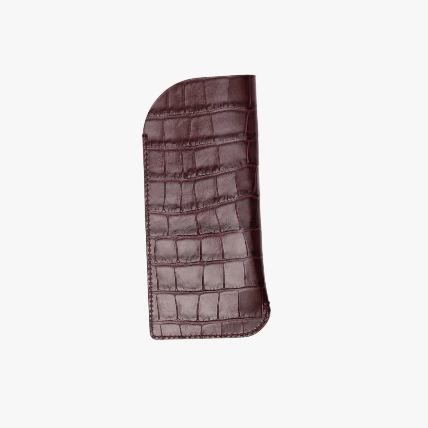 Back of STOW London's Glasses Case in Burgundy Embossed Croc leather on a light grey background