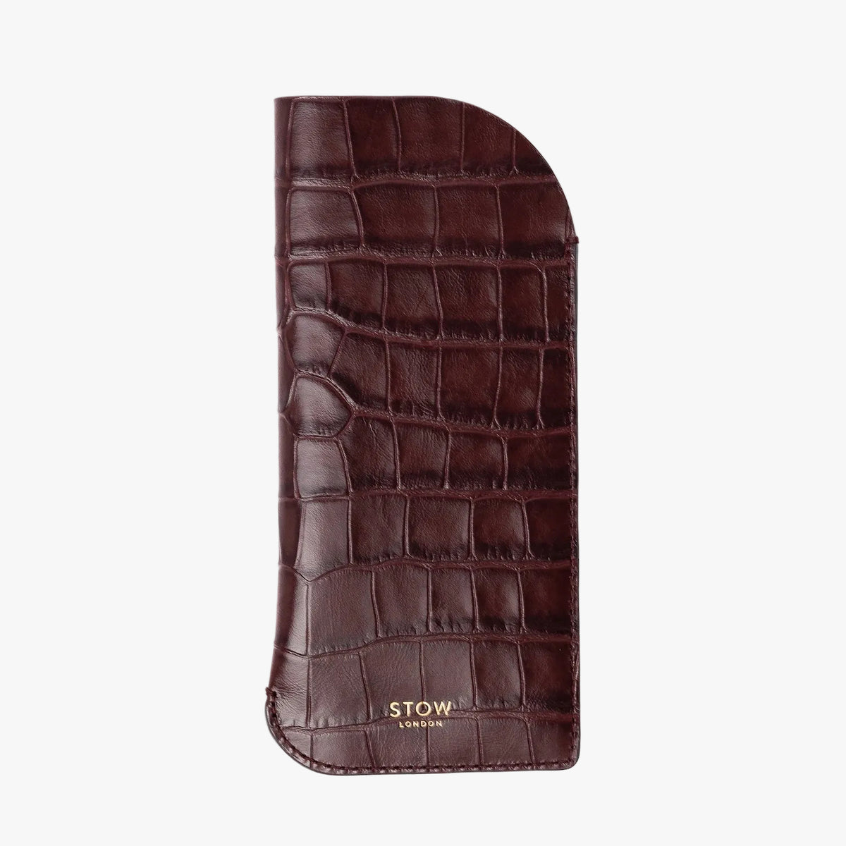 STOW London's Glasses Case in Burgundy Embossed Croc leather, featuring a gold logo on a light background