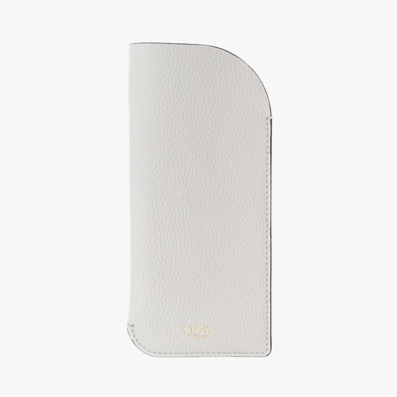 STOW London's Glasses Case in Cloud Grey pebbled leather, featuring a gold logo on a light background