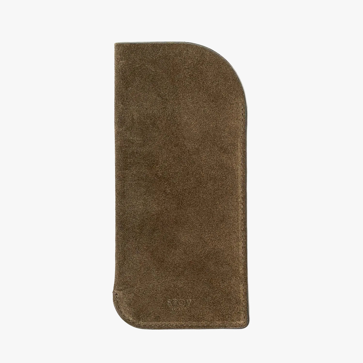 STOW London's Glasses Case in Dark Green Suede leather, featuring a gold logo on a light background