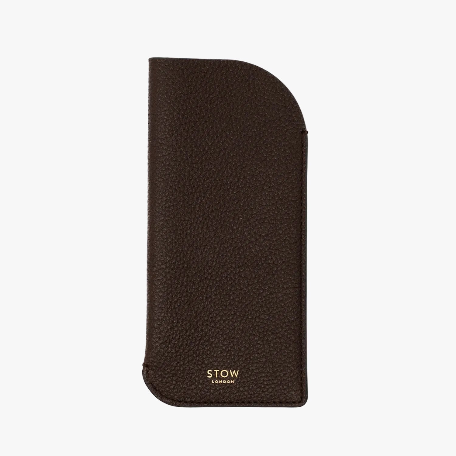 STOW London's Glasses Case in Espresso pebbled leather on a light grey background featuring a small gold embossed logo on the front bottom