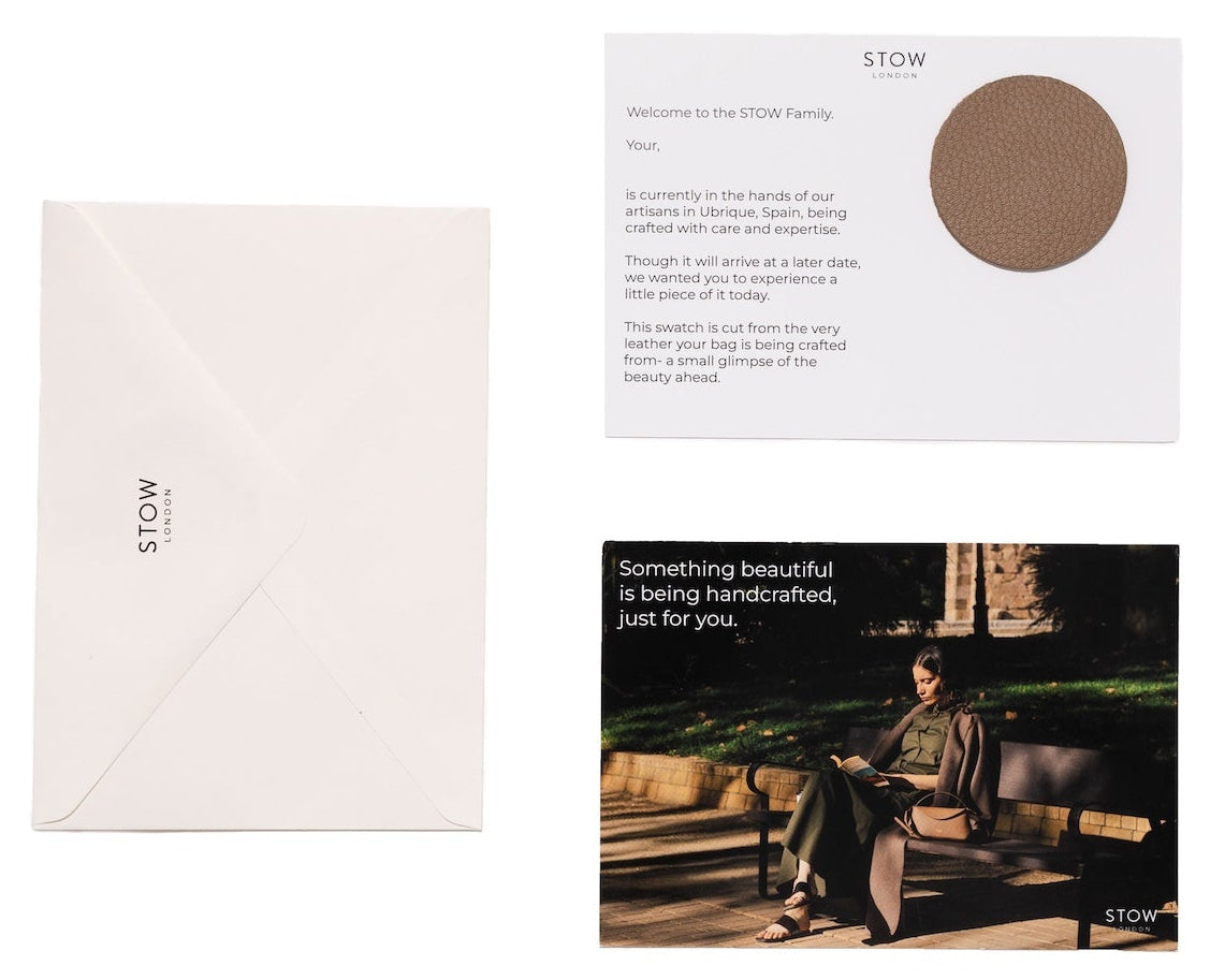 Overview of the postcard. The front, the back with the piece of leather attached, and then the stow envelope next to them. 