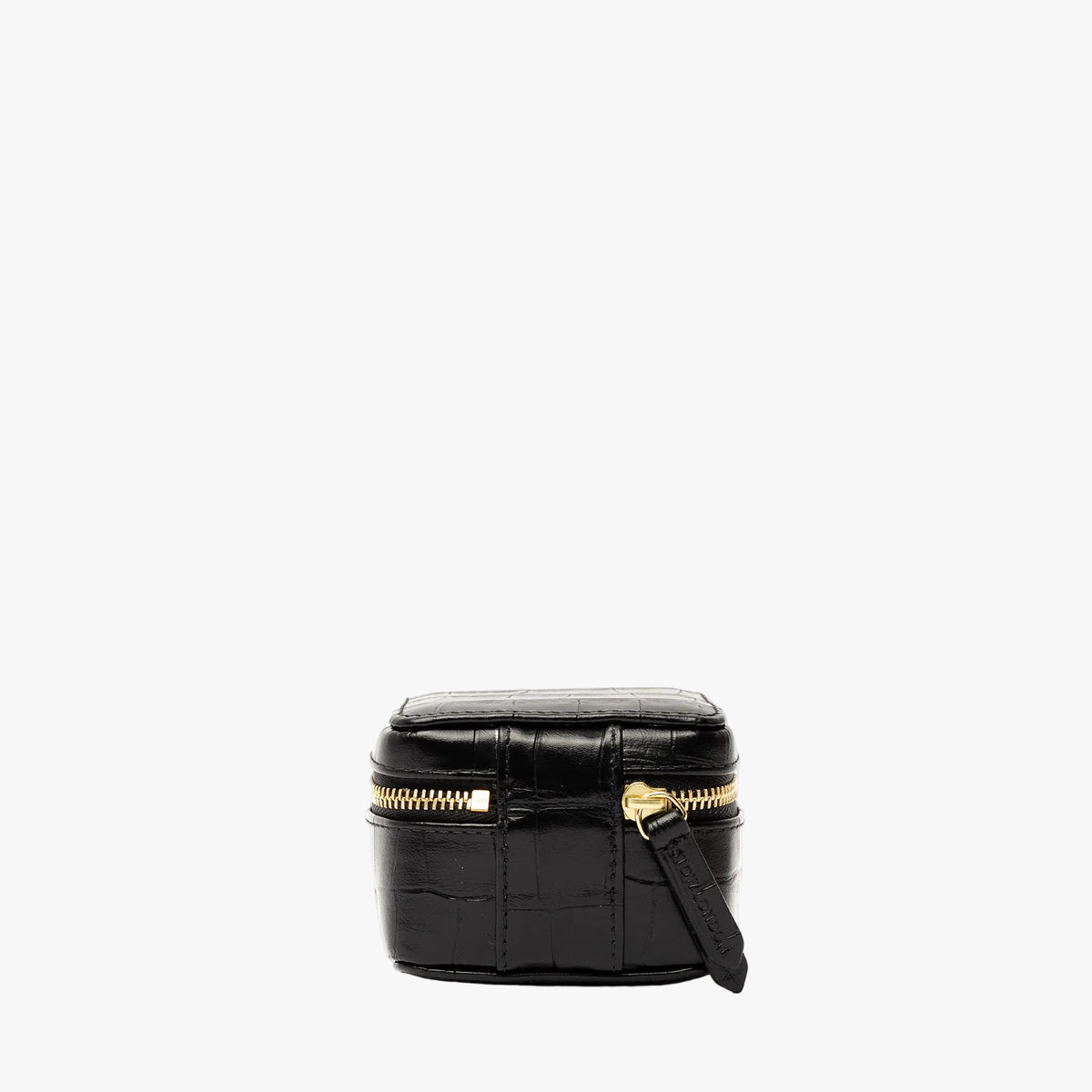 Back of STOW London's Hester Jewellery Case in Black Embossed Croc leather on a light grey background featuring a YKK Natulon zip 