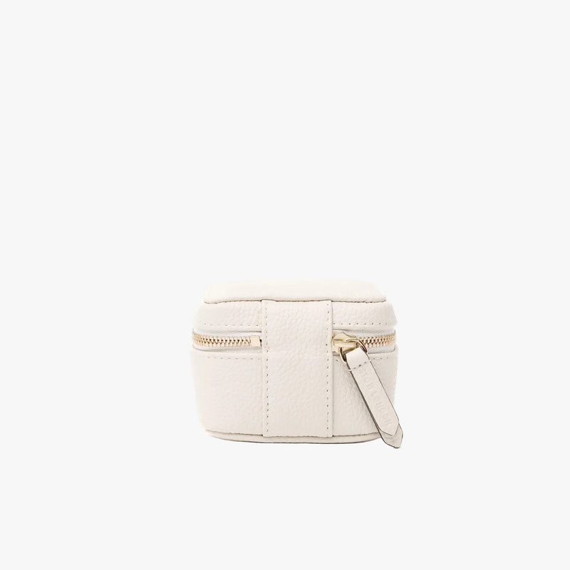 Back of STOW London's Hester Jewellery Case in Spring Moon pebbled leather on a light grey background featuring a YKK Natulon zip 
