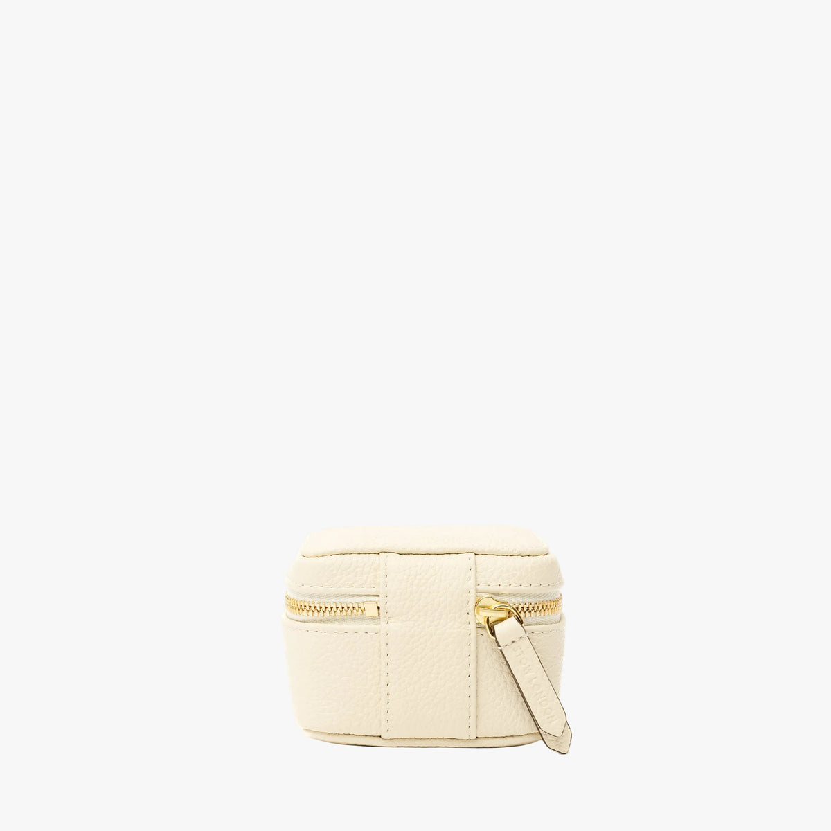 Back of STOW London's Hester Jewellery Case in Spring Moon pebbled leather on a light grey background featuring a YKK Natulon zip 