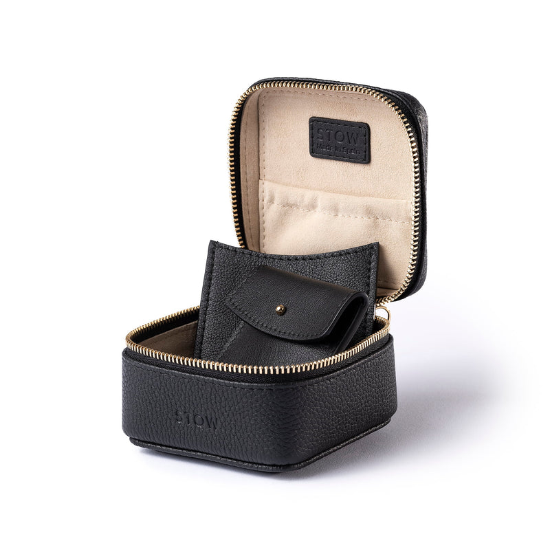 STOW Leather Hester Jewellery Case in Black colour, open showing two leather sleeves inside (included with case).