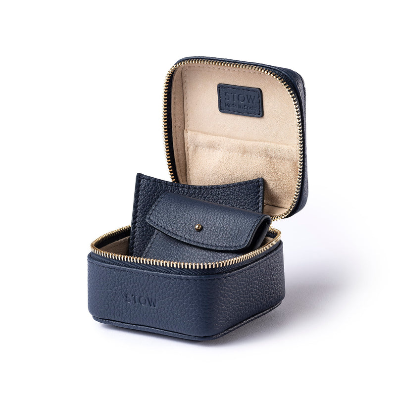 STOW Leather Hester Jewellery Case in Navy colour, open showing two leather sleeves inside (included with case).