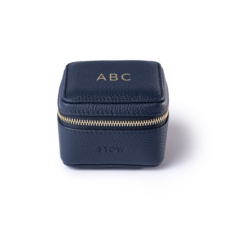 STOW London Hester Essentials Case in Navy leather with personalisation on top