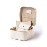 STOW Leather Hester Jewellery Case in Spring Moon colour, open showing two leather sleeves inside (included with case).