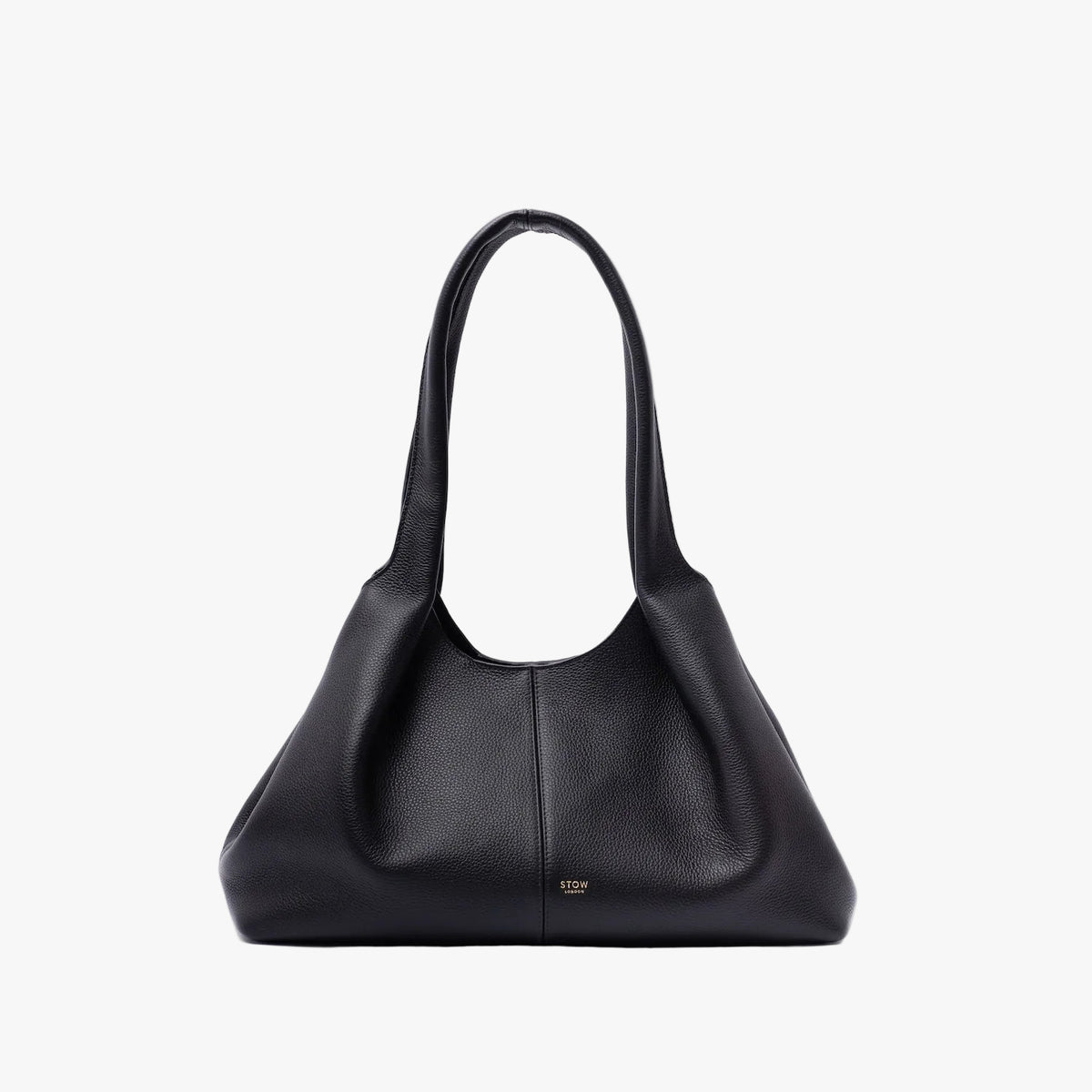 STOW London's Hobo Tote in Black pebbled leather in a triangular hobo shape on a light grey background featuring a pleated front panel and small gold embossed logo