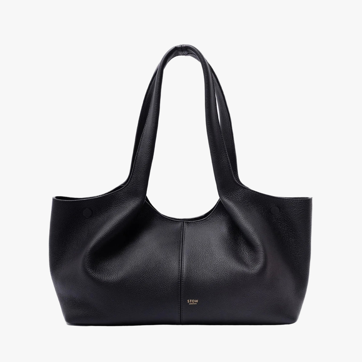 STOW London's Hobo Tote in Black pebbled leather on a light grey background featuring a pleated front panel and small gold embossed logo