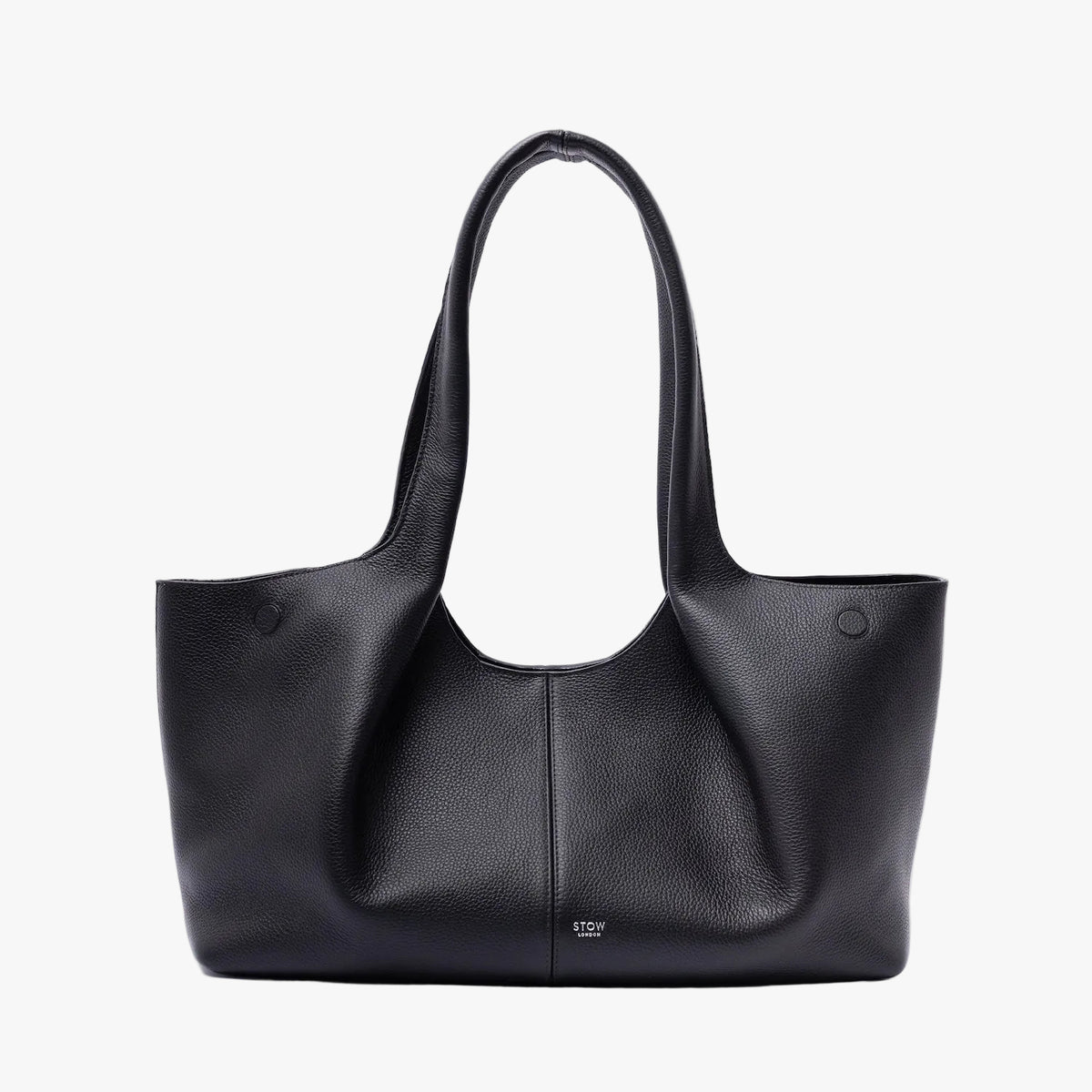 STOW London's Hobo Tote in Black pebbled leather on a light grey background featuring a pleated front panel and small silver embossed logo