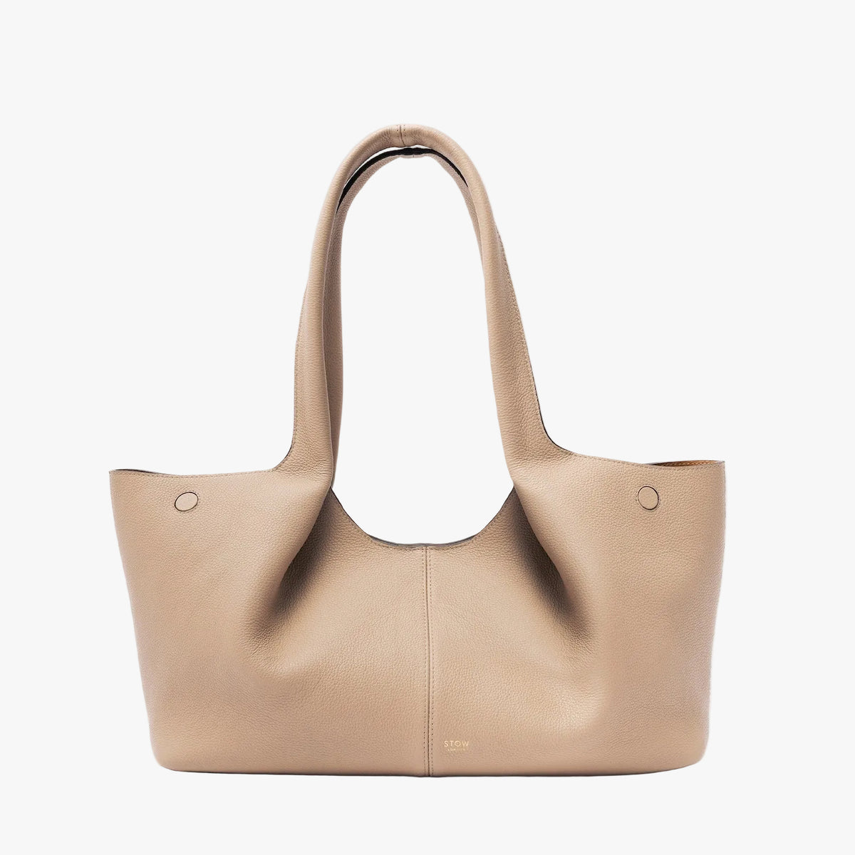 STOW London's Hobo Tote in Camel pebbled leather on a light grey background featuring a pleated front panel and small gold embossed logo