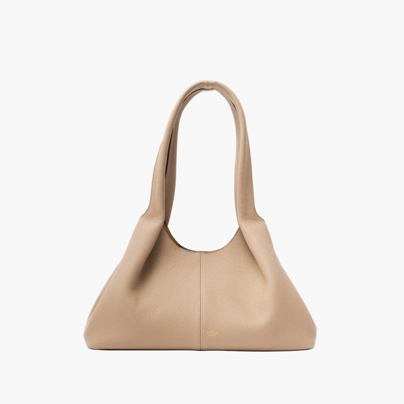 STOW London's Hobo Tote in Camel pebbled leather in its triangular hobo form on a light grey background featuring a pleated front panel and small gold embossed logo