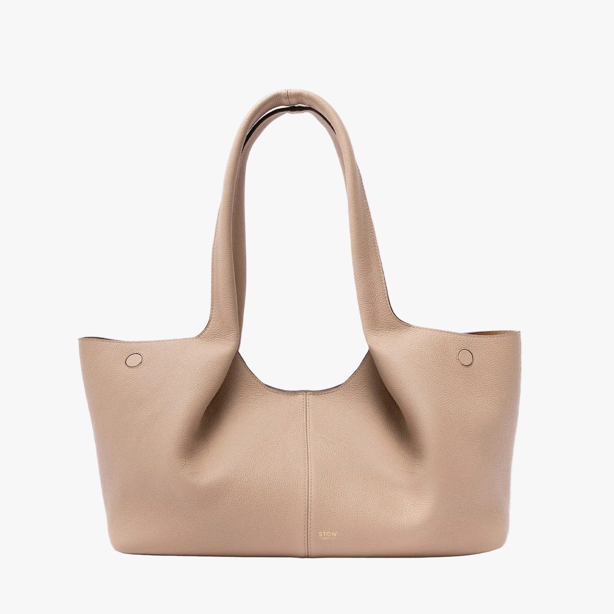 STOW London's Hobo Tote in Camel pebbled leather on a light grey background featuring a pleated front panel and small gold embossed logo