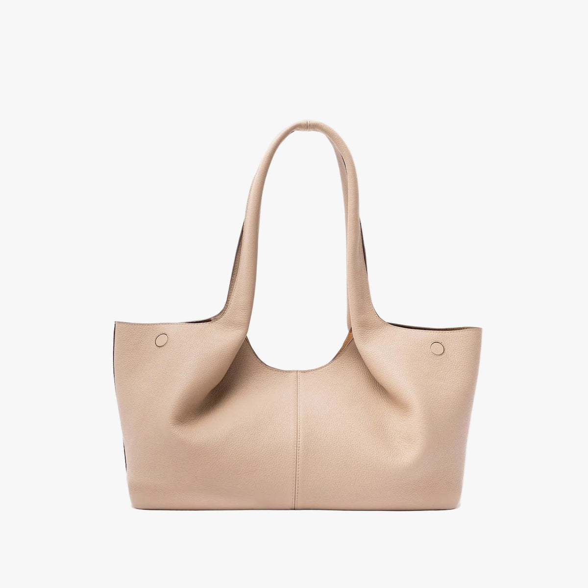 Back of STOW London's Hobo Tote in Camel pebbled leather on a light grey background featuring a pleated back panel 